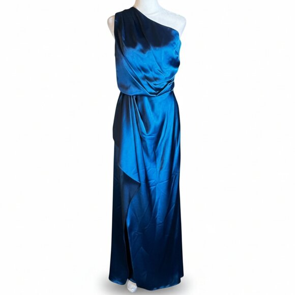 NWT XSCAPE One-Shoulder Satin Gown Ocean Blue Size 6 - Picture 5 of 16